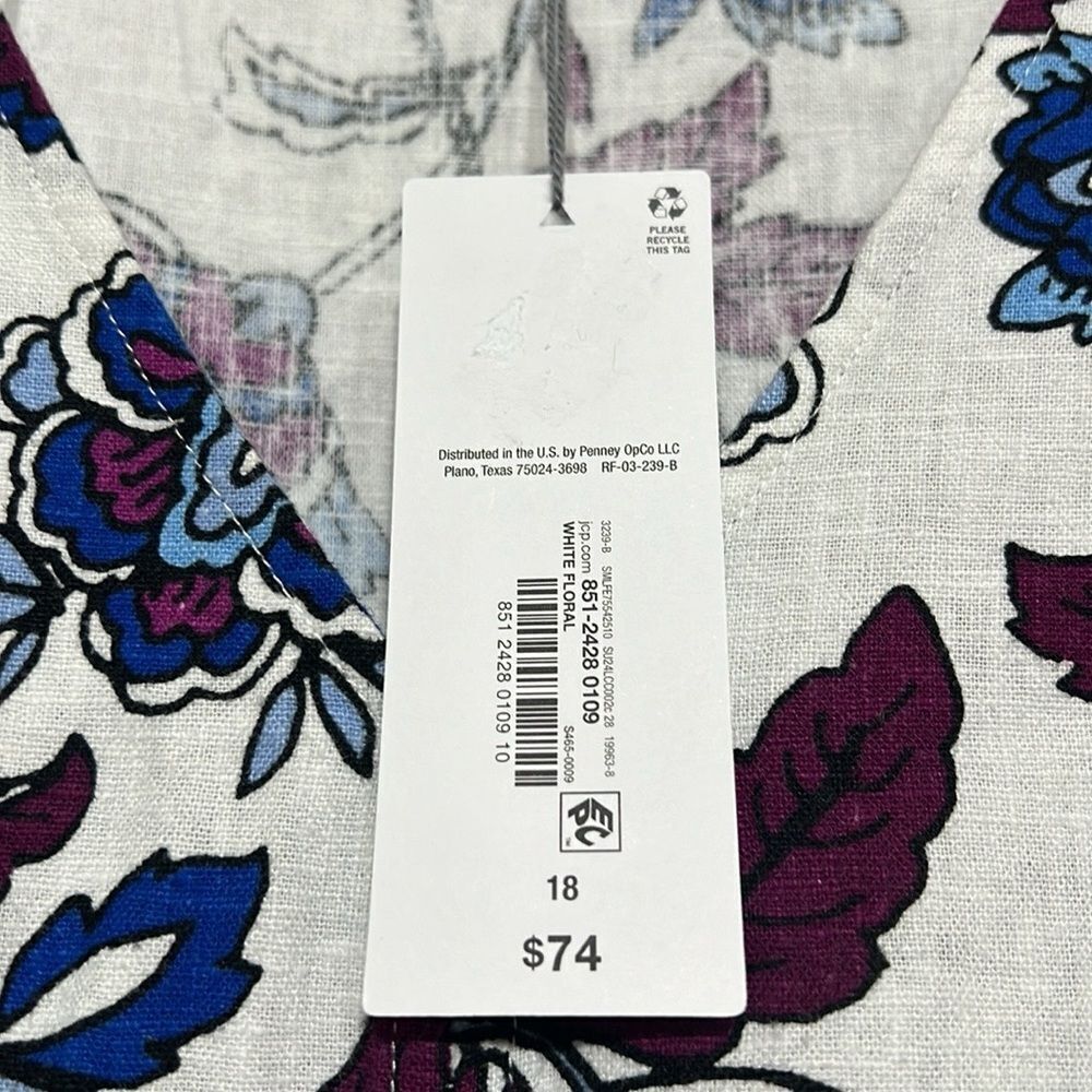 Floral Linen Dress Womens Size 18 White A-line Knee Length V-Neck Summer NEW - Picture 13 of 14